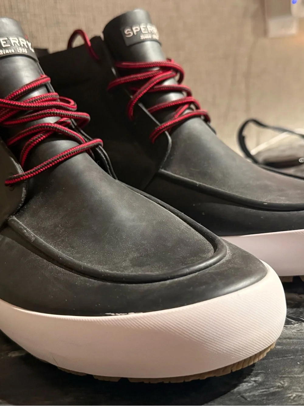 Sperry Black Waterproof Rain Boots with Red Laces